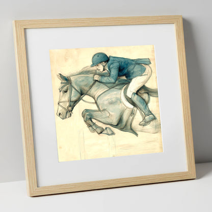 The Perfect Arc show jumping horse art print in natural frame
