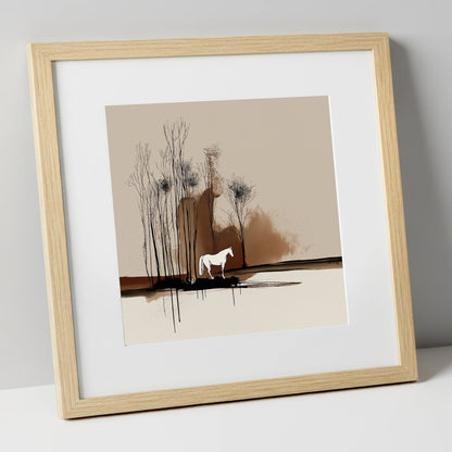Sepia Woodland Solitude horse landscape art print in natural frame