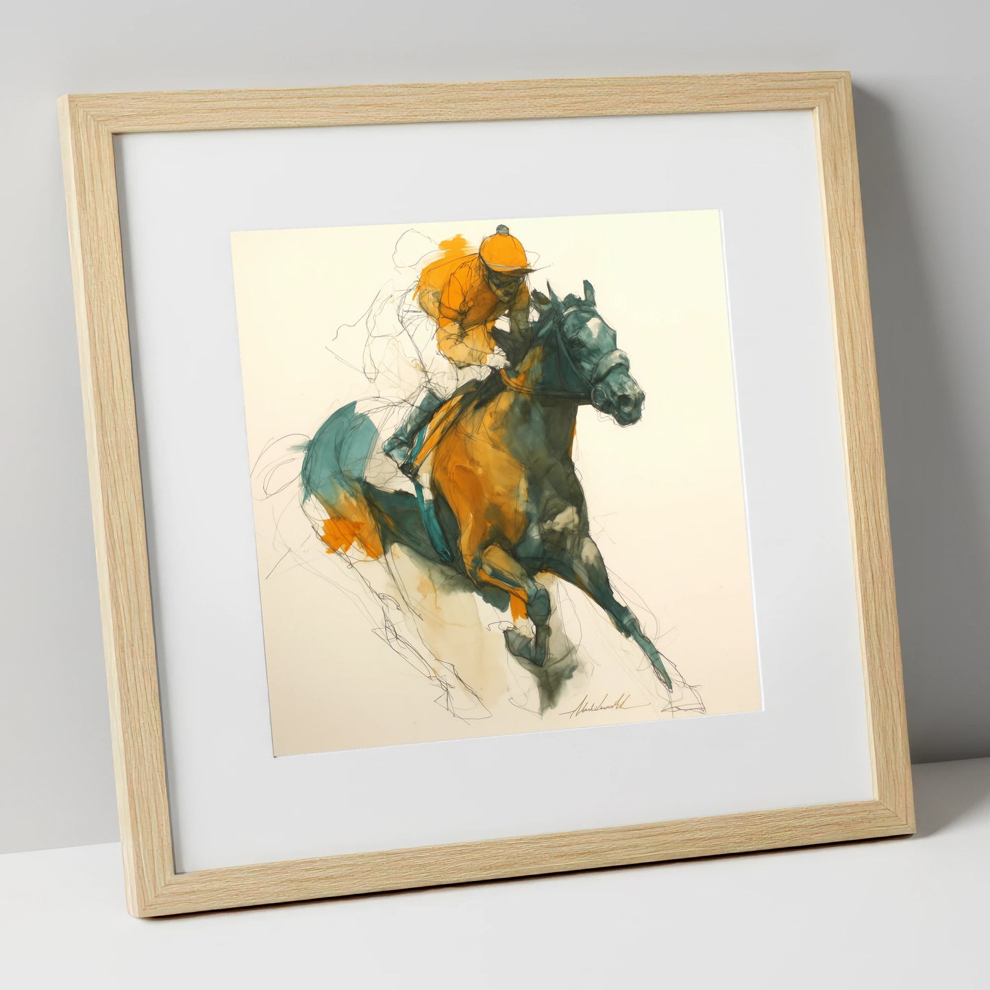 Amber Surge racing horse art print in natural frame