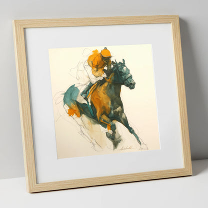 Amber Surge racing horse art print in natural frame