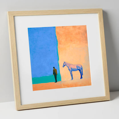 Between Blue and Sand horse & rider art print in natural frame