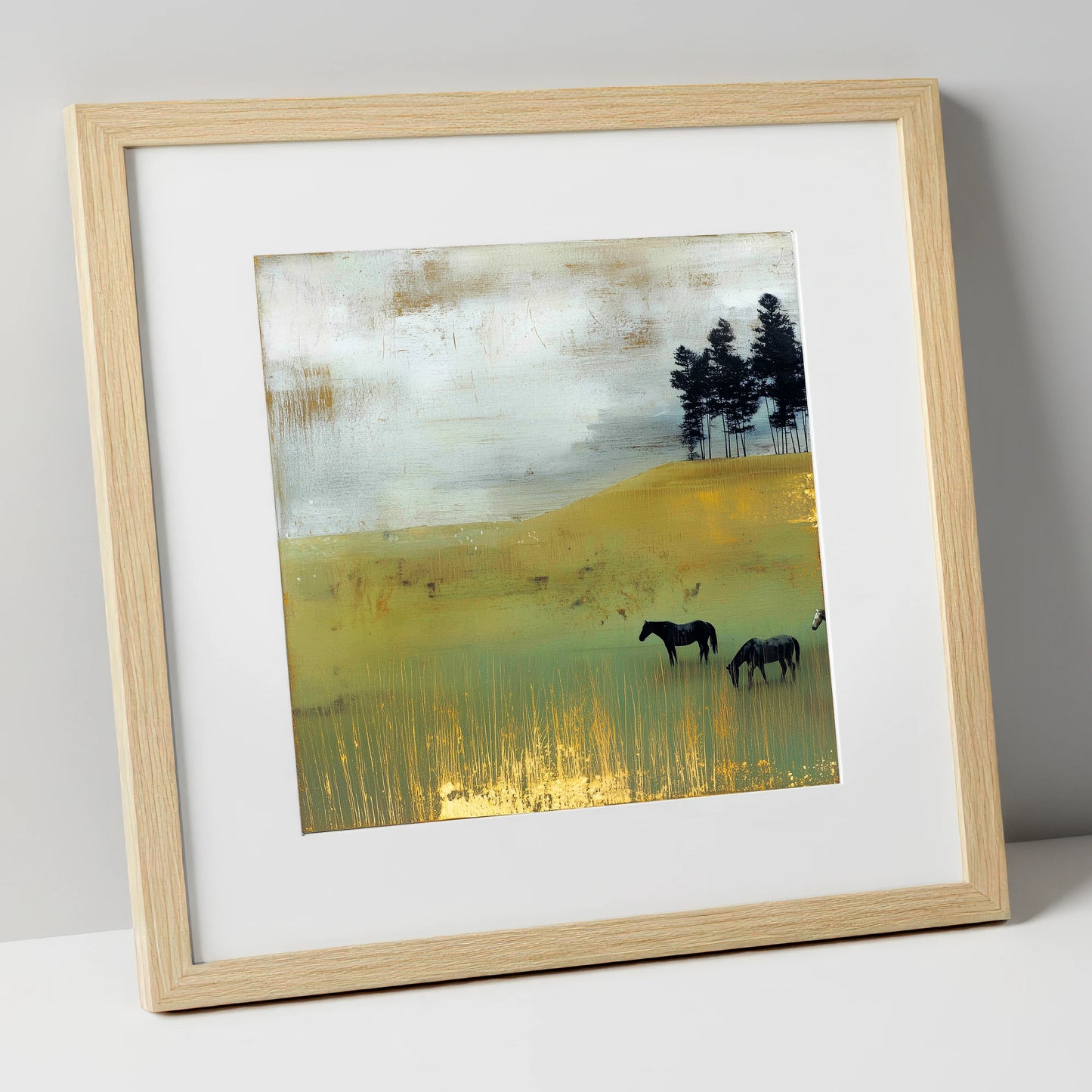Gilded Grazing wild horses art print in natural frame