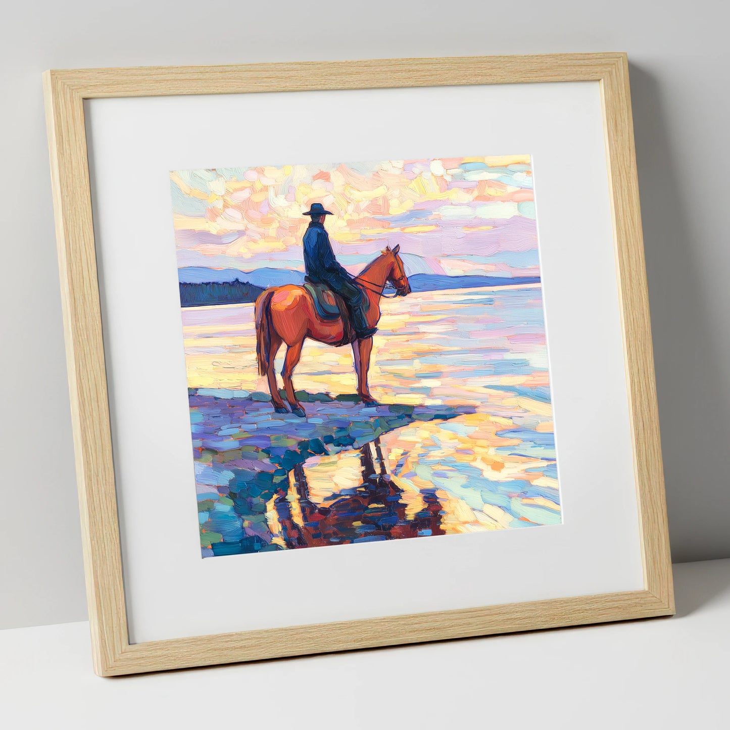 Solitary Sunset Ride beach horse art print in natural frame