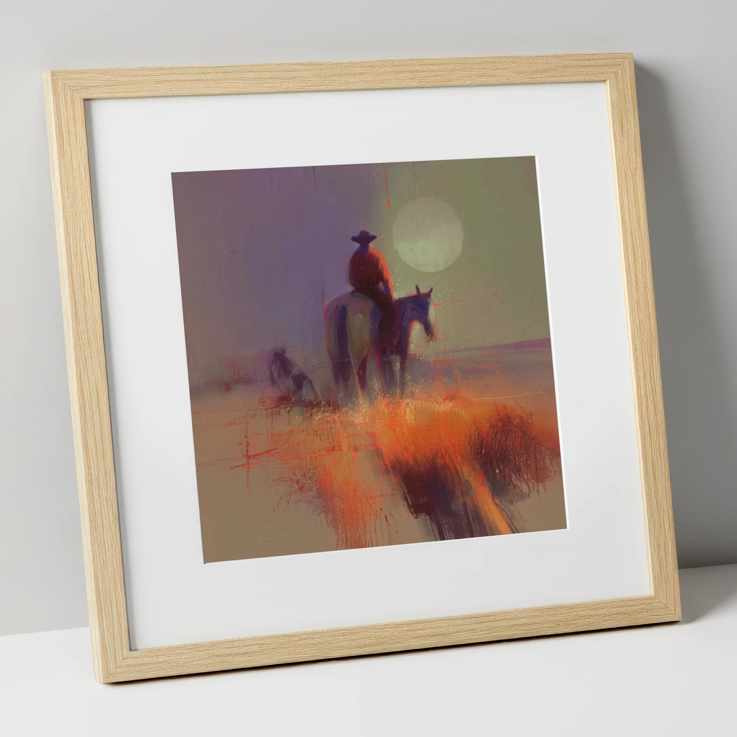High Plains Sundown western horse art print in natural frame