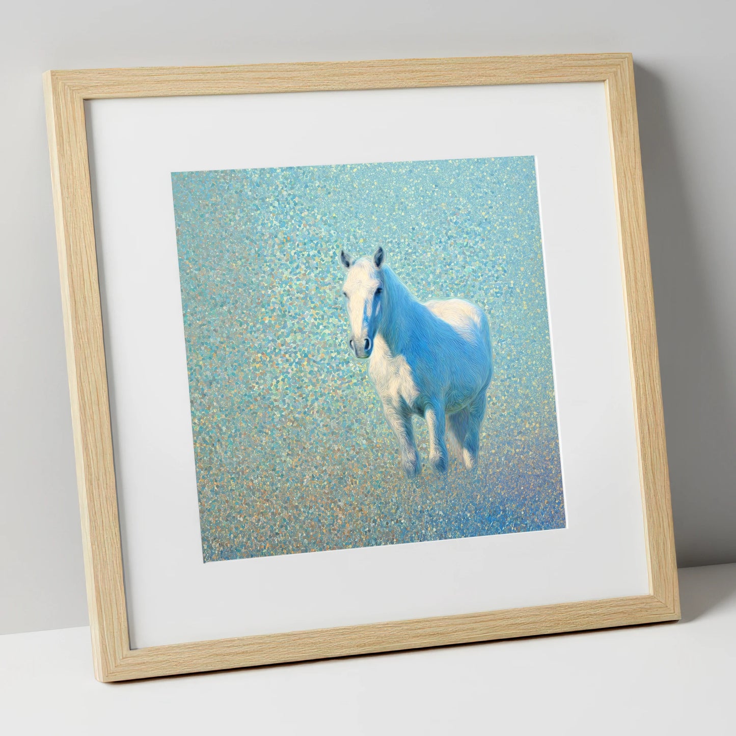 Luminous Azure Grey horse portrait art print in natural frame