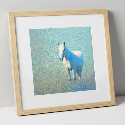 Luminous Azure Grey horse portrait art print in natural frame