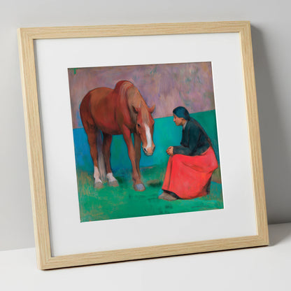 The Silent Dialogue horse & rider art print in natural frame