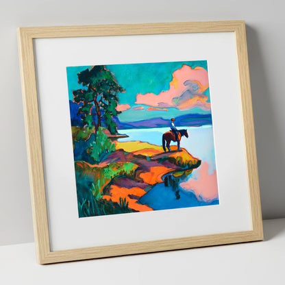 The Violet Shoreline beach horse art print in natural frame