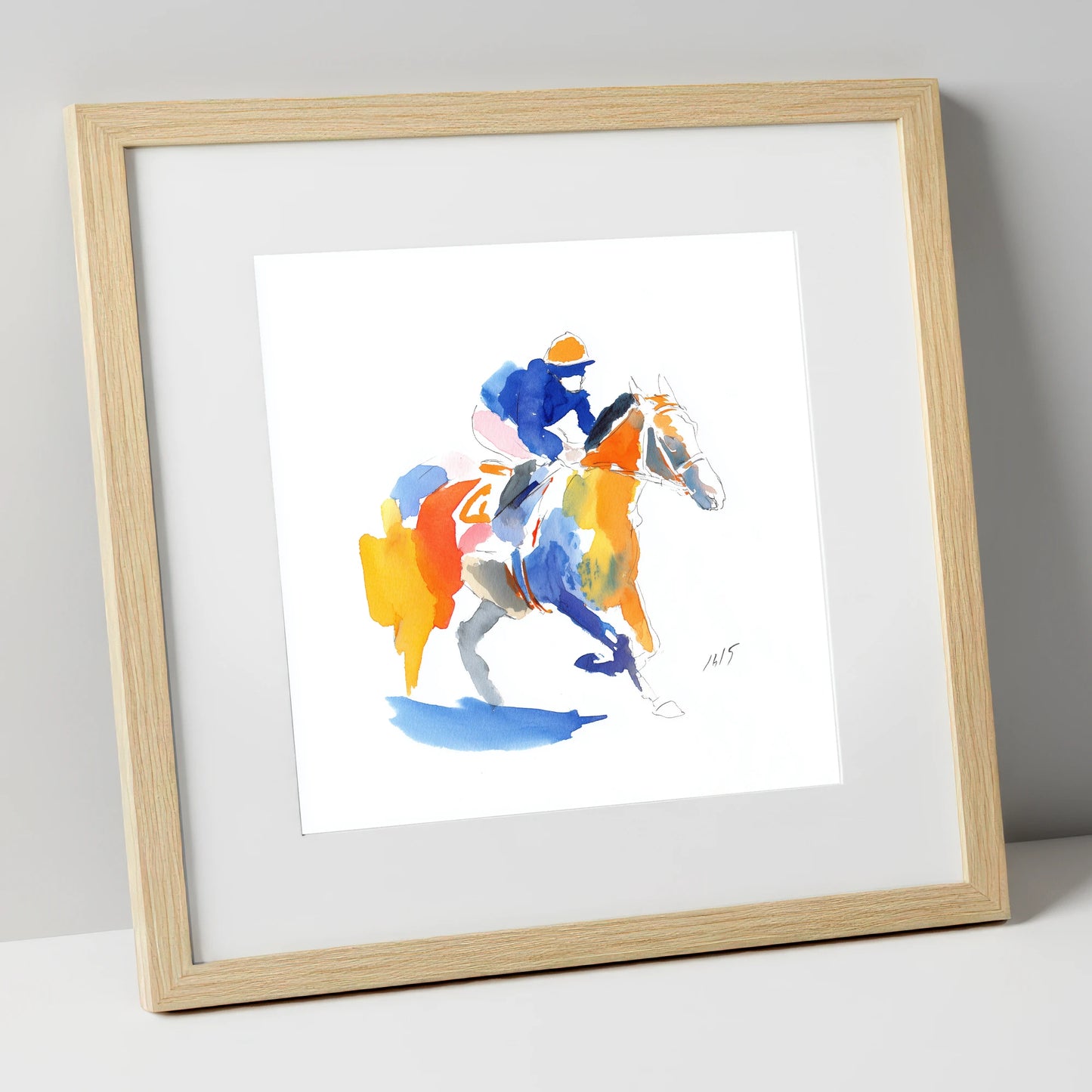 The Colourful Chase racing horse art print in natural frame