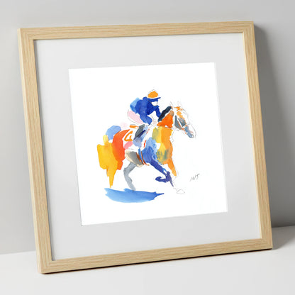 The Colourful Chase racing horse art print in natural frame
