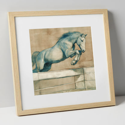 Airborne Grace show jumping horse art print in natural frame