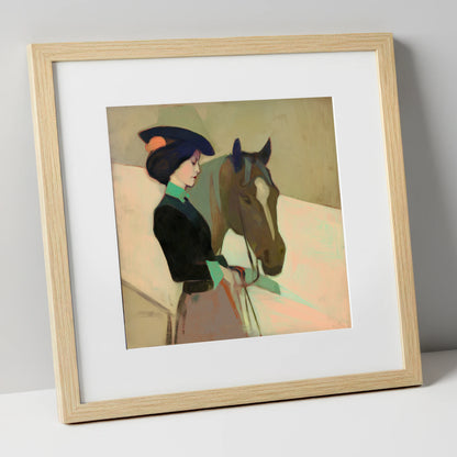 The Elegant Equestrienne horse & rider art print in natural frame