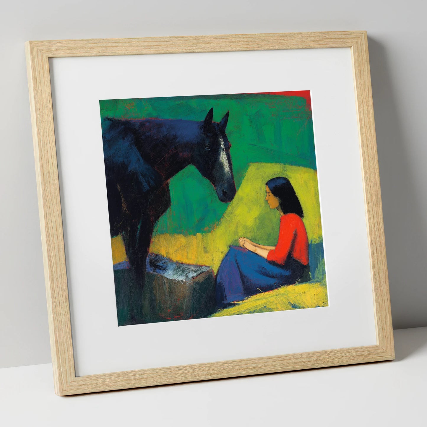 Quiet Communion horse & rider art print in natural frame