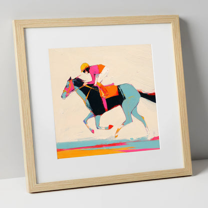 Technicolour Gallop racing horse art print in natural frame
