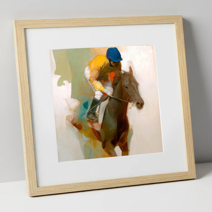 Yellow Silk Strike racing horse art print in natural frame
