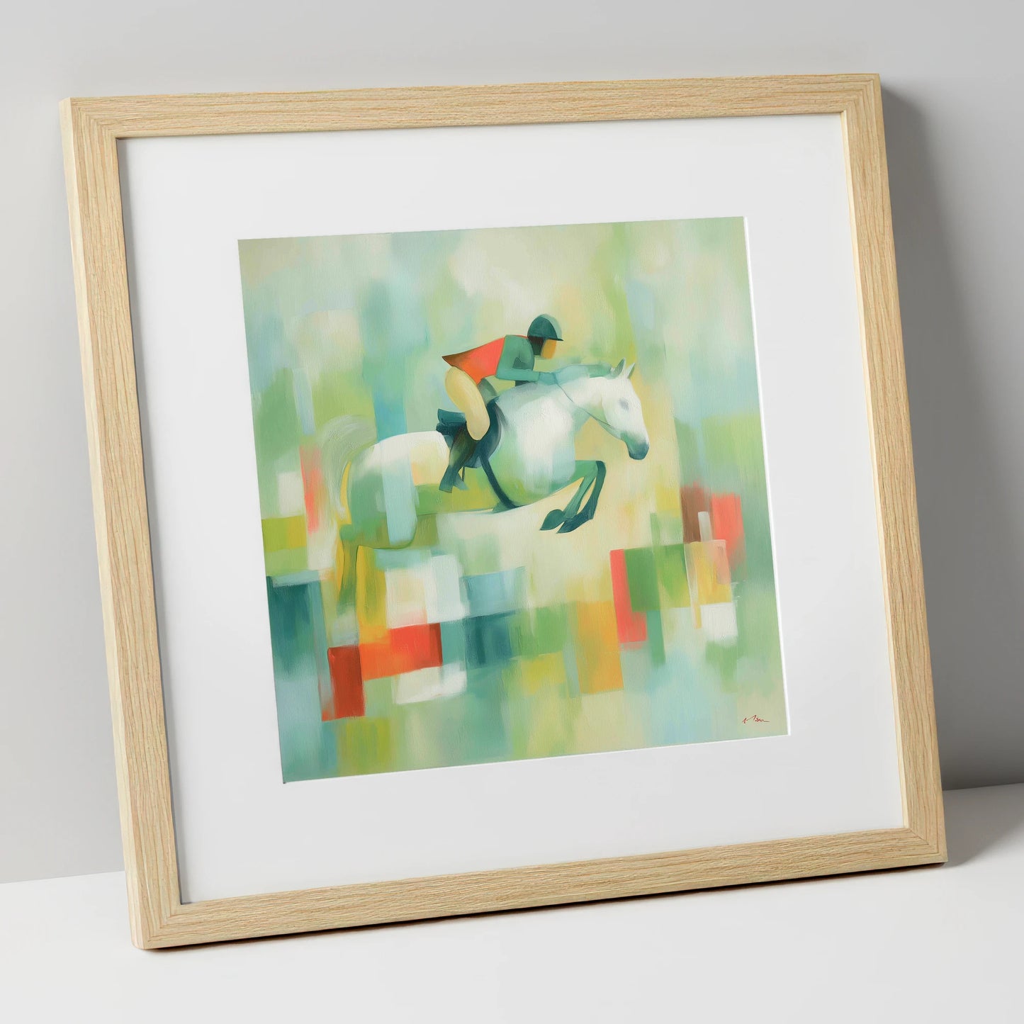 Clearing the Colours show jumping horse art print in natural frame