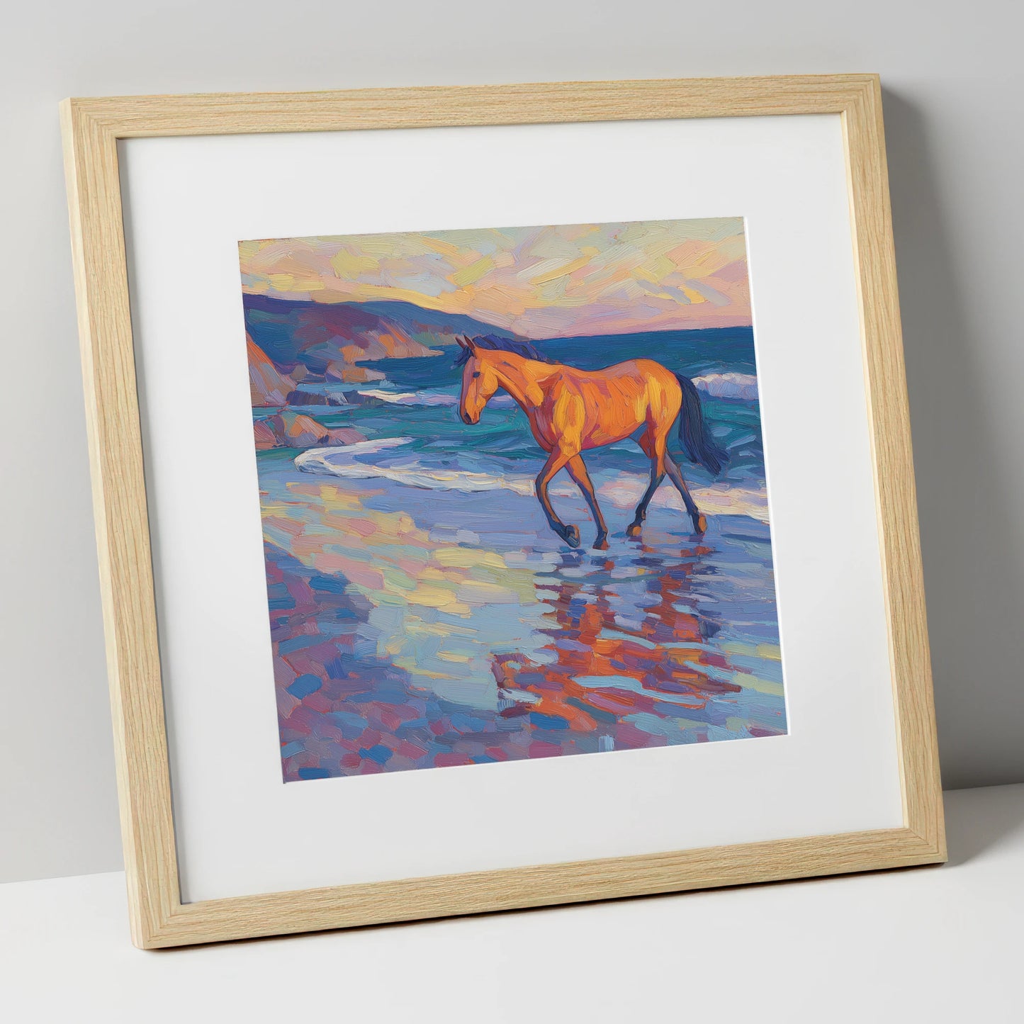 Vibrant Coastal Stride horse landscape art print in natural frame