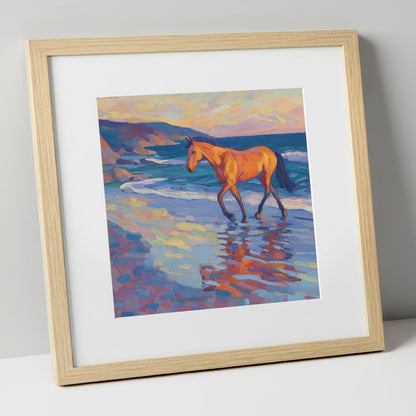 Vibrant Coastal Stride horse landscape art print in natural frame
