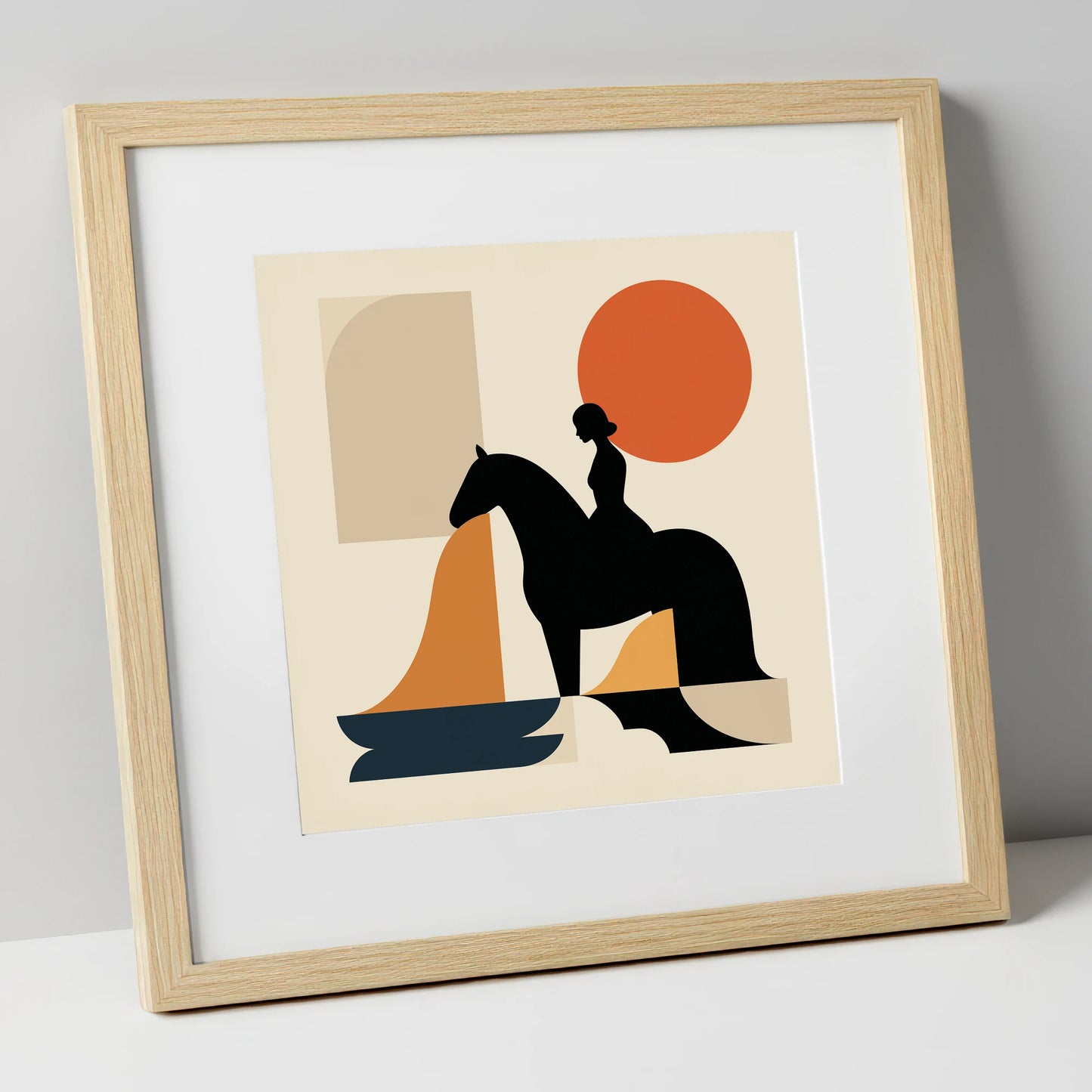 Abstract Equestrian Silhouette horse & rider art print in natural frame