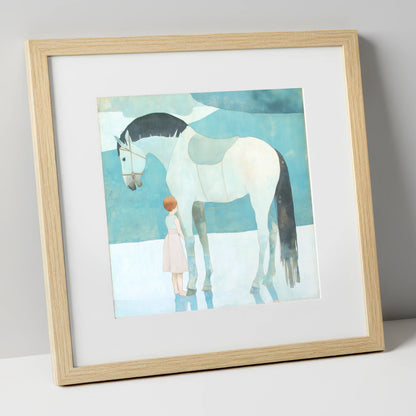 Quiet Trust horse & rider art print in natural frame