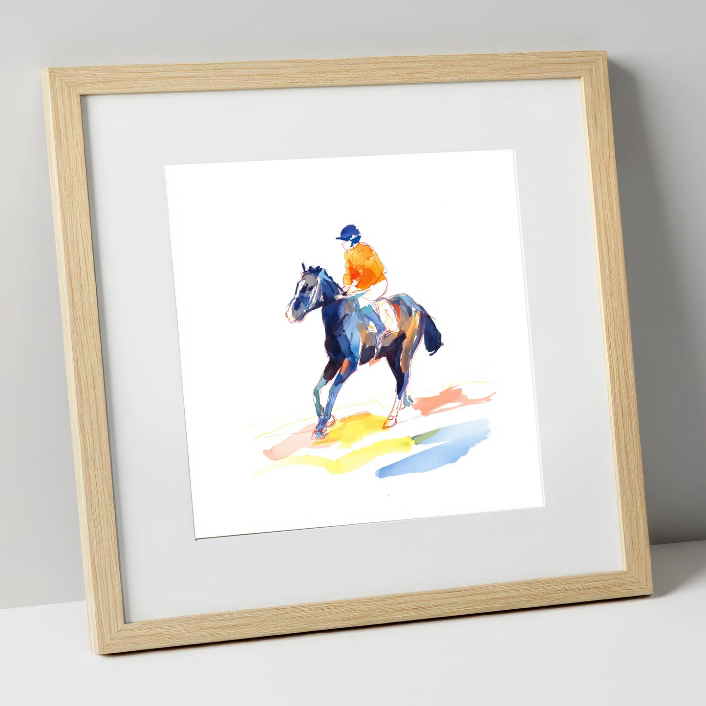 Vivid Racing Colours racing horse art print in natural frame