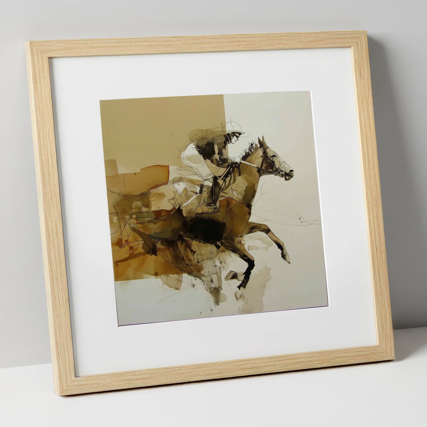 The Full Stretch racing horse art print in natural frame