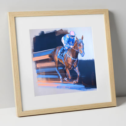 Velocity in Blue racing horse art print in natural frame