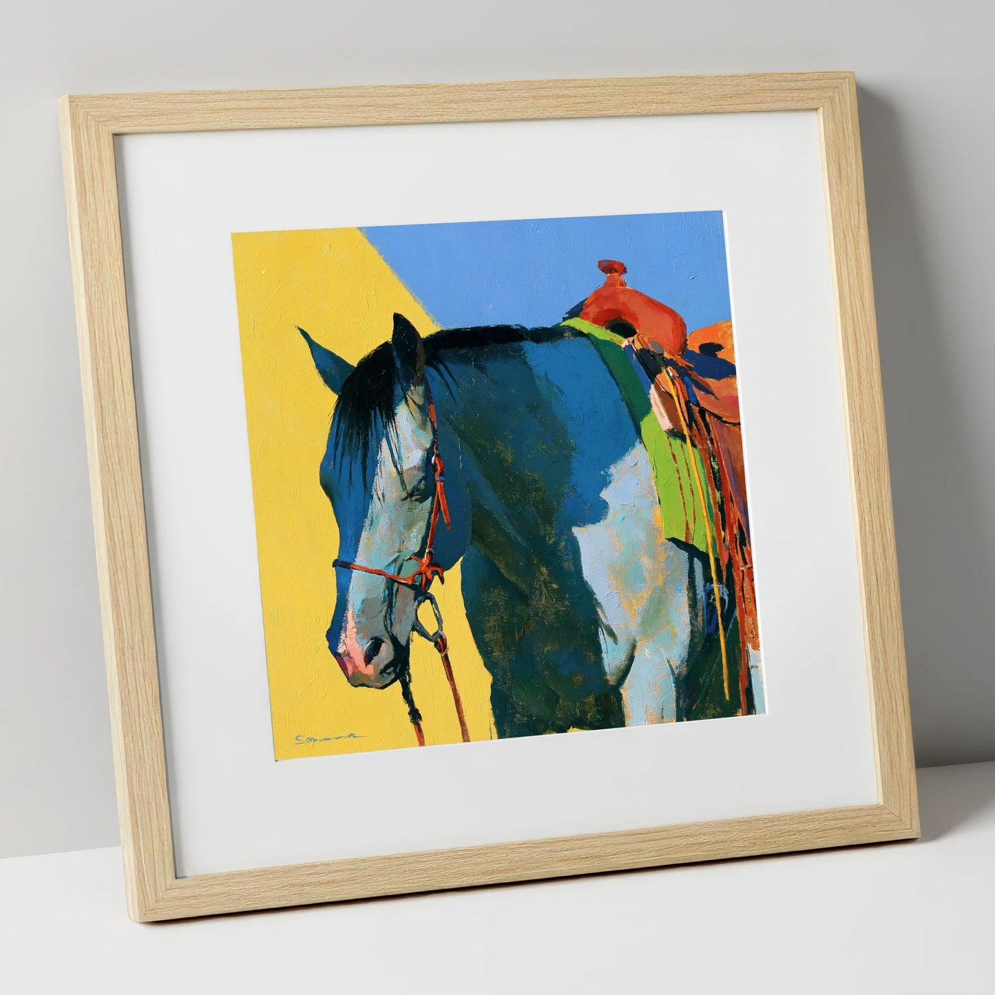 Western Horse in Blue and Yellow horse breed art print in natural frame