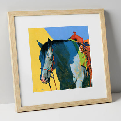 Western Horse in Blue and Yellow horse breed art print in natural frame