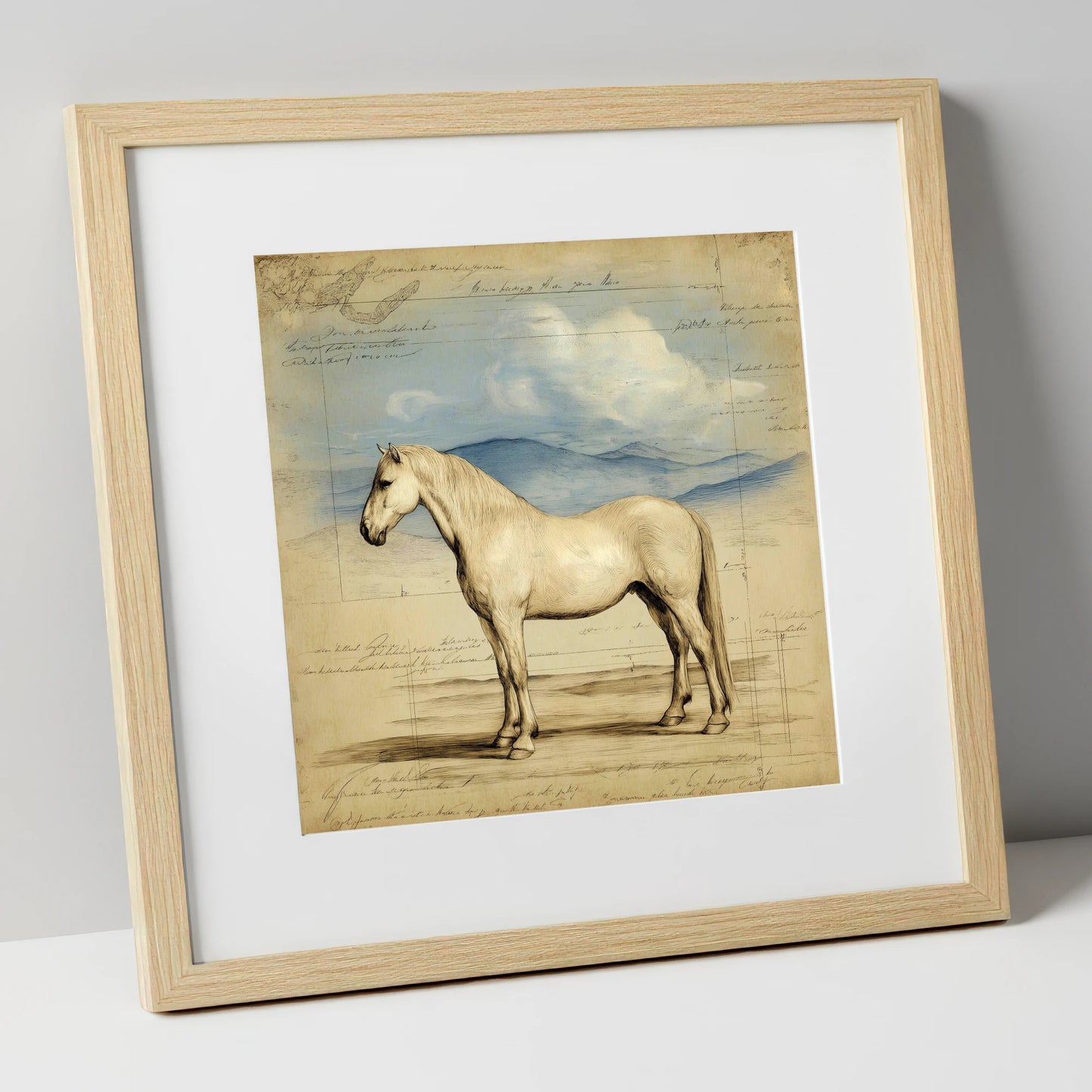 Classical Equine Study horse portrait art print in natural frame