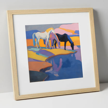 Colours of the Waterhole wild horses art print in natural frame