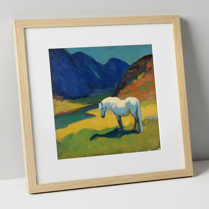 Vibrant Valley Grey horse landscape art print in natural frame