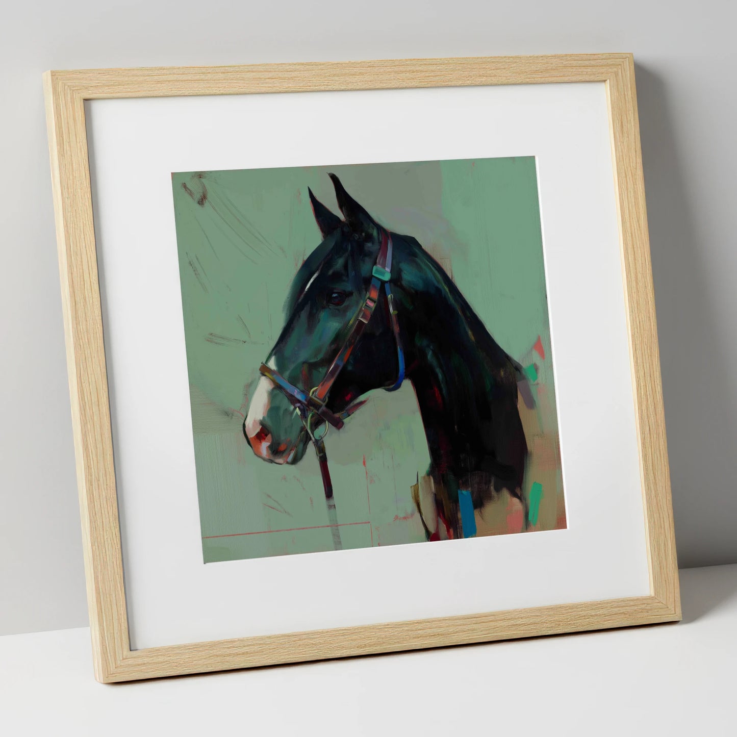Midnight Profile in Teal horse portrait art print in natural frame