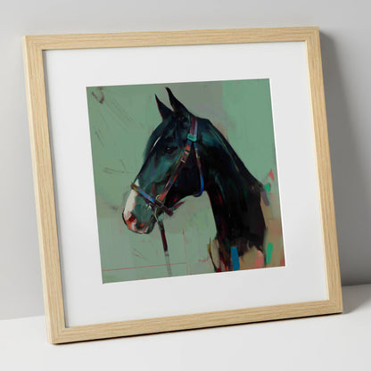 Midnight Profile in Teal horse portrait art print in natural frame