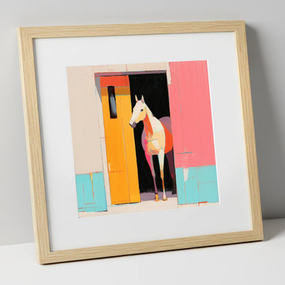 Vibrant Stable Doorway horse stable art print in natural frame
