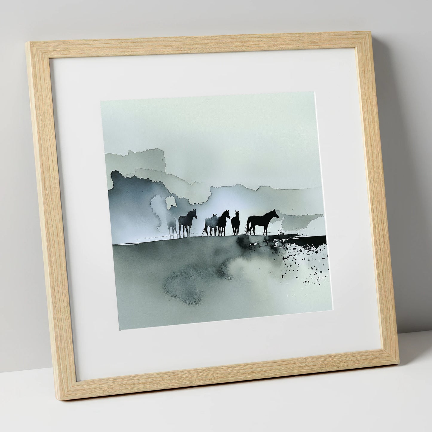 Silent Sentinels of the Mist wild horses art print in natural frame