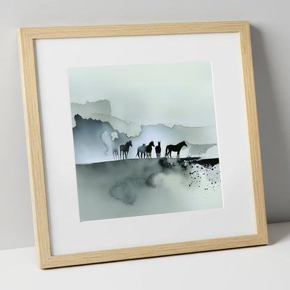 Silent Sentinels of the Mist wild horses art print in natural frame