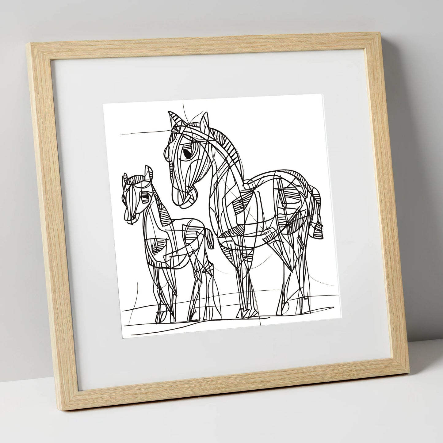 Linear Equine Bond mare & foal art print in natural frame