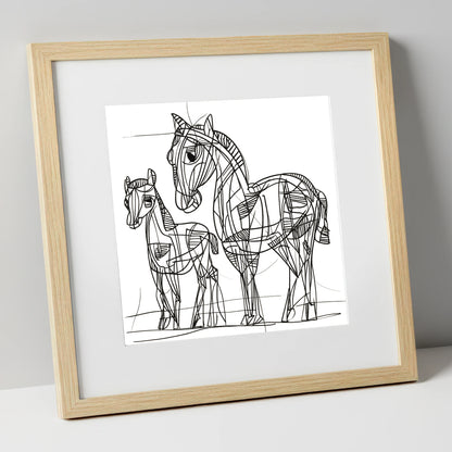 Linear Equine Bond mare & foal art print in natural frame