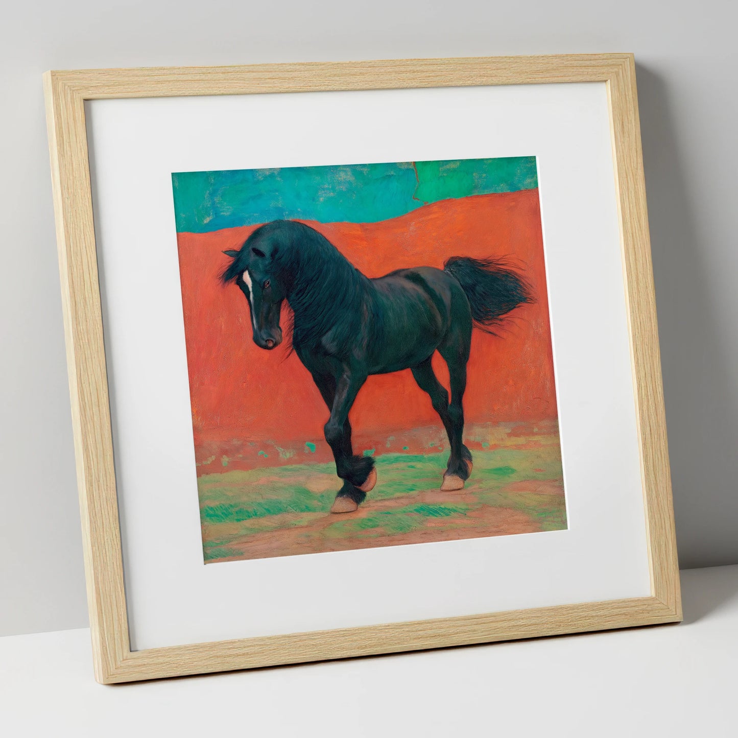 Bold Friesian Rhythm horse breed art print in natural frame