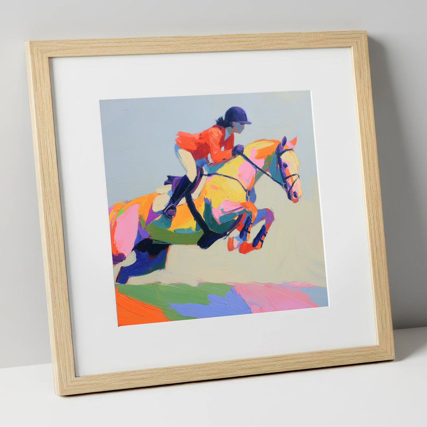 Chromatic Showjumper show jumping horse art print in natural frame