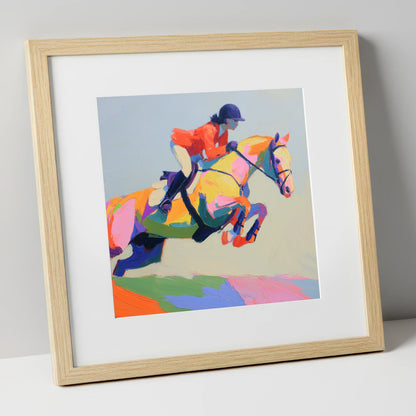 Chromatic Showjumper show jumping horse art print in natural frame
