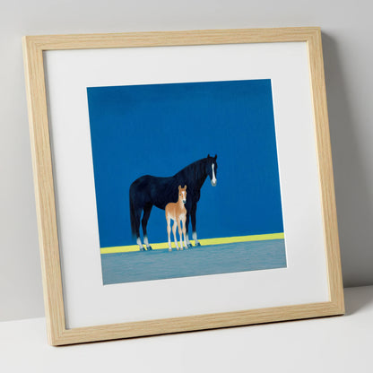 Azure Bond mare & foal art print in natural frame