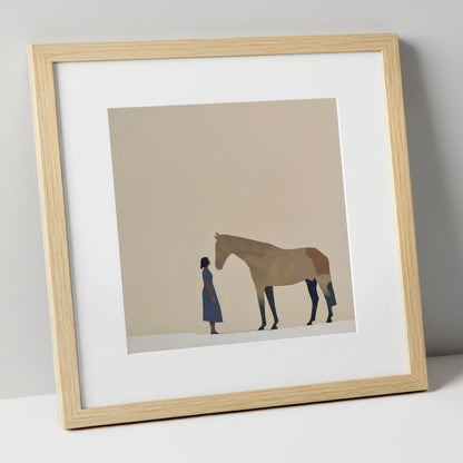 Silent Conversation horse & rider art print in natural frame