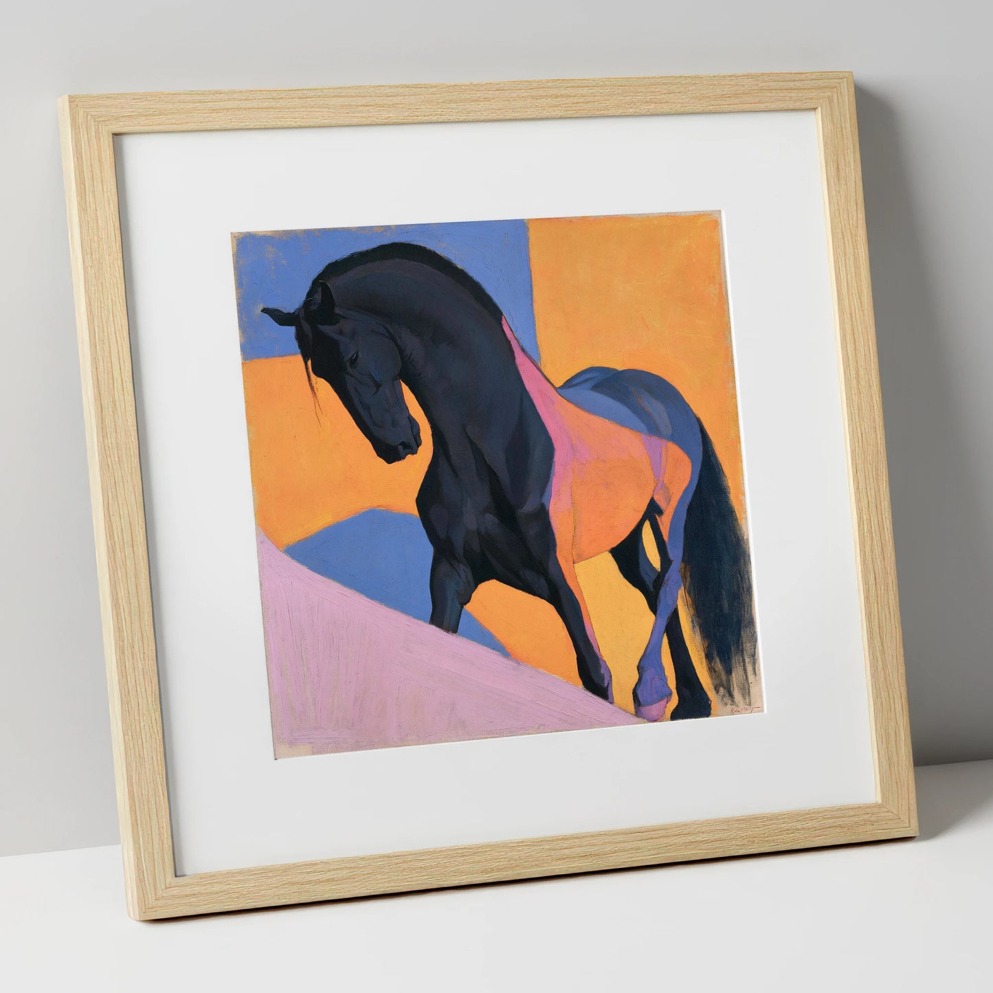 Black Stallion on Bold Orange horse breed art print in natural frame