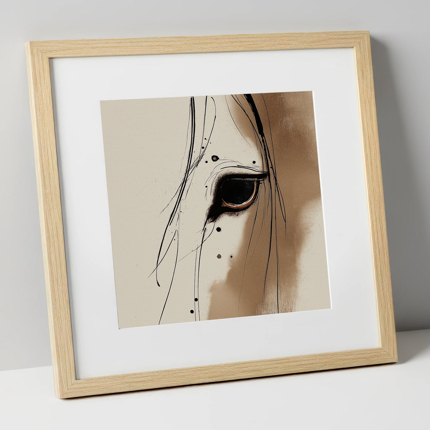 Raw Equine Gaze horse portrait art print in natural frame