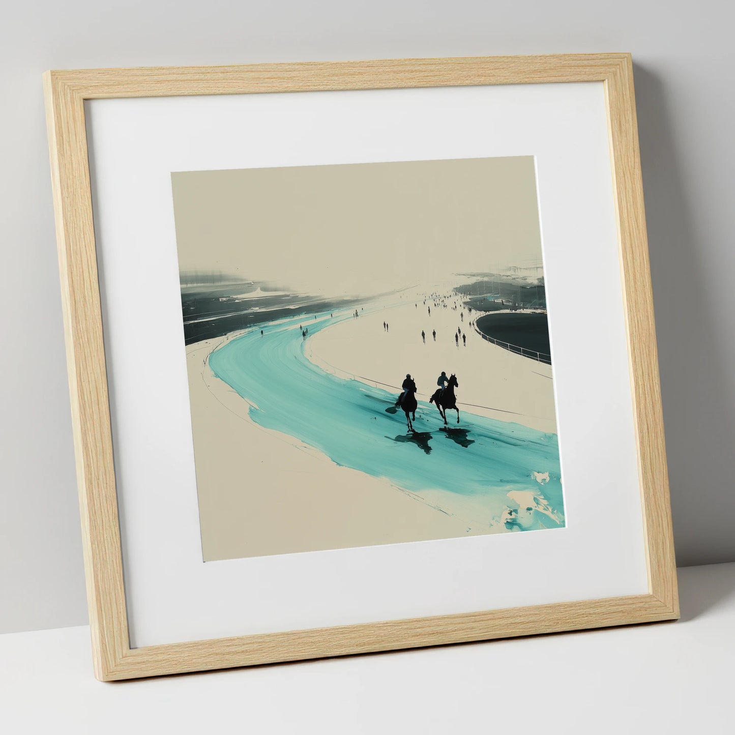 Sweeping the Bend racing horse art print in natural frame