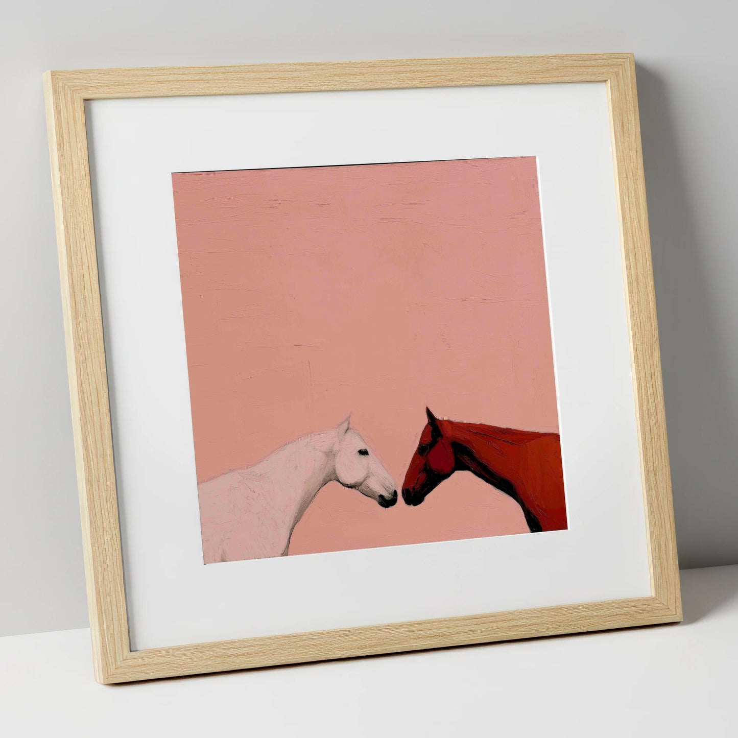 Gentle Encounter horse portrait art print in natural frame