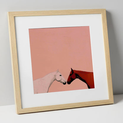 Gentle Encounter horse portrait art print in natural frame