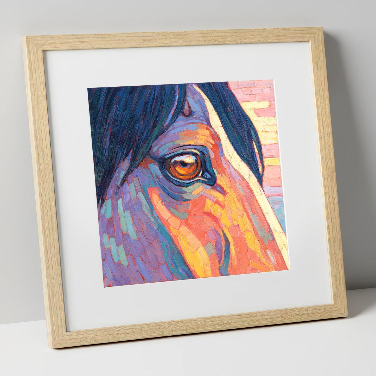 The Vivid Gaze horse portrait art print in natural frame